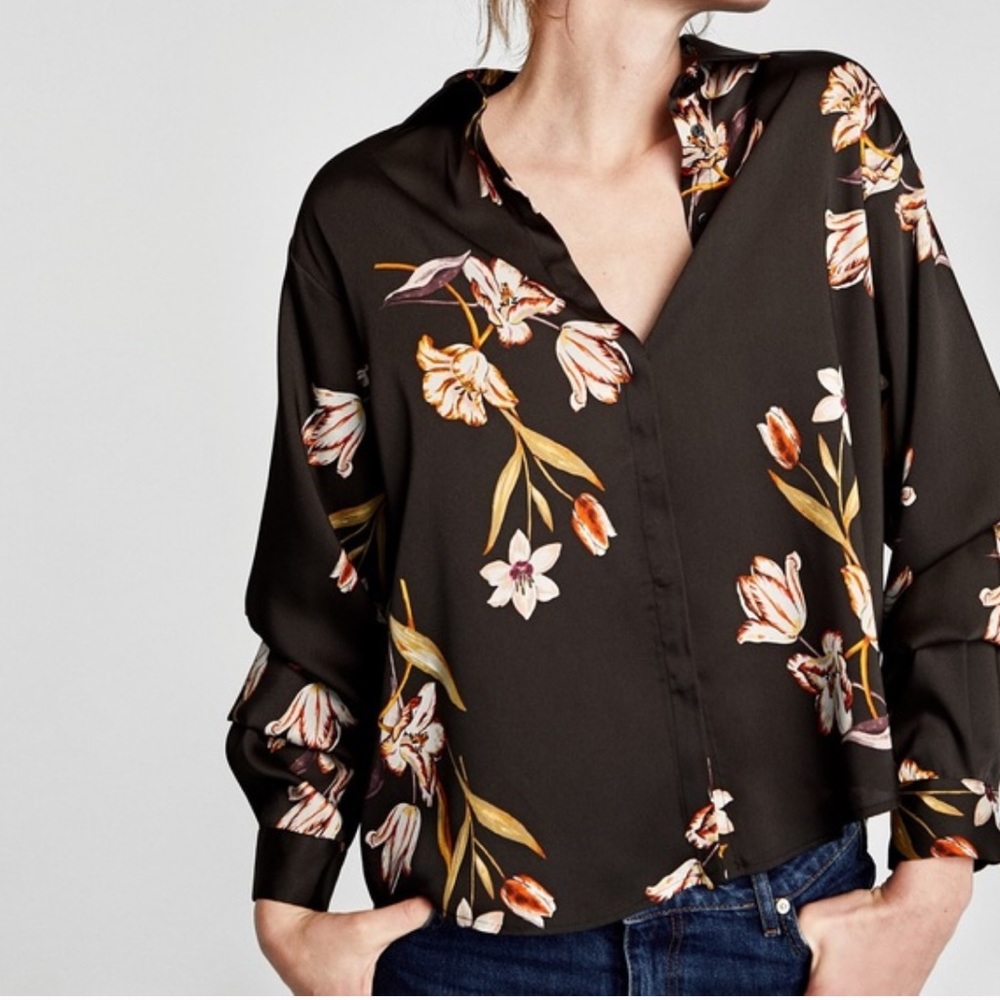 NWT- ZARA Silky Floral Button Down Shirt